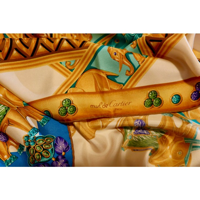 Illustration Framed Cartier Silk Scarf "Elephants" 1980s - Orange Gold Frame For Sale - Image 3 of 5