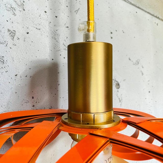 Modernist French Orange Metal Ribbon Hanging Lamp, 2000s For Sale - Image 11 of 14