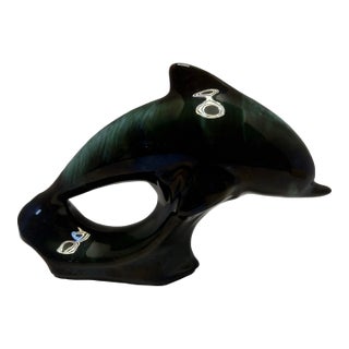 Vintage Green Glazed Dolphin Figurine | Coastal Nautical Decor | Art Pottery Style Dolphin Sculpture For Sale