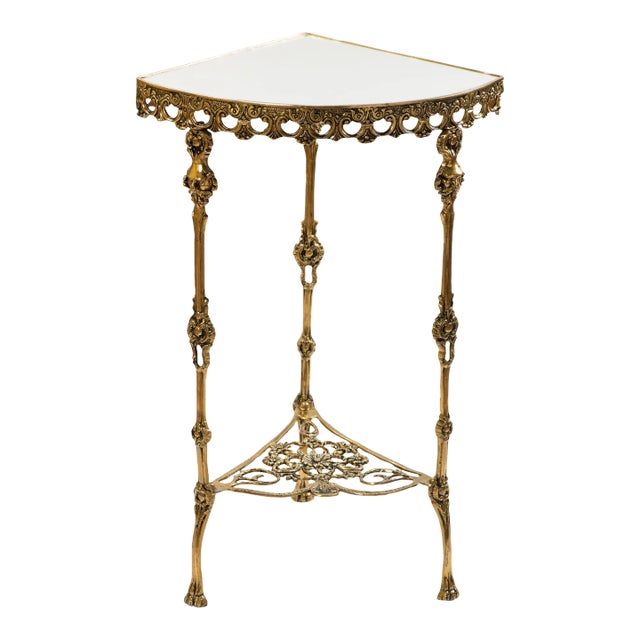 1950s Vintage Brass Corner Console Table With Mirror Top For Sale