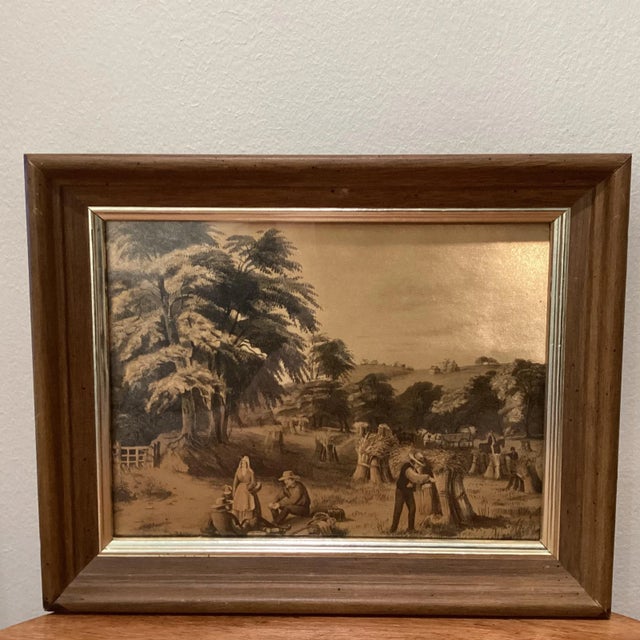 Mid 20th Century Artwork Gold Foil Etching Art Prints Colonial Farmers
