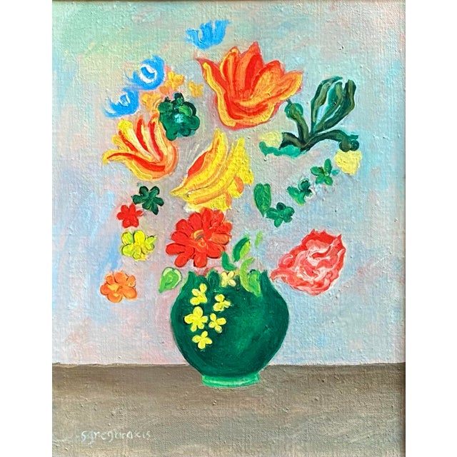 Original oil painting on hand stretched linen of flowers with no stems in a green vase by Satori Gregorakis. Signed in the...