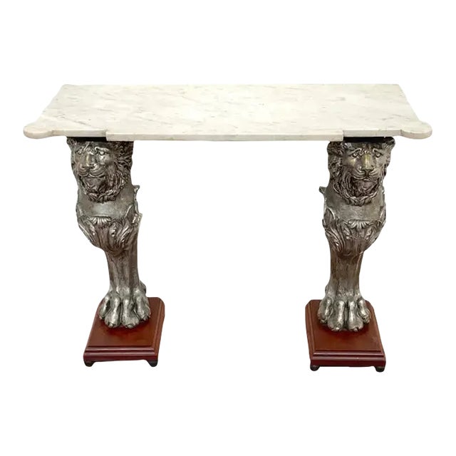 Early 20th Century English Regency Style Marble Top Zinc Lion Caryatid Console Table For Sale