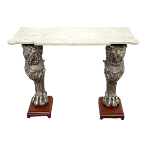 Early 20th Century English Regency Style Marble Top Zinc Lion Caryatid Console Table