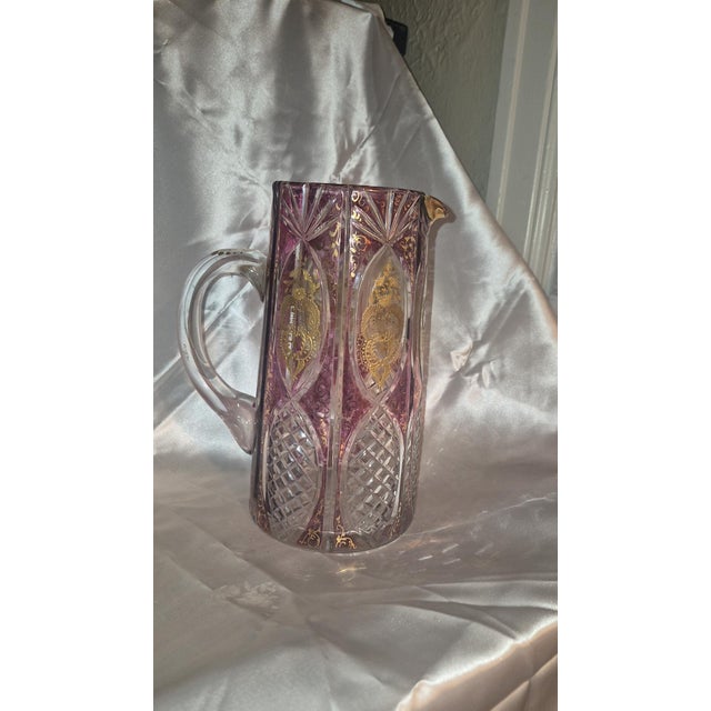Early 20th Century Antique Edwardian Bohemian Cut Crystal Amethyst Overlay, Raised 24k Gold Gilt Pitcher For Sale - Image 5 of 11