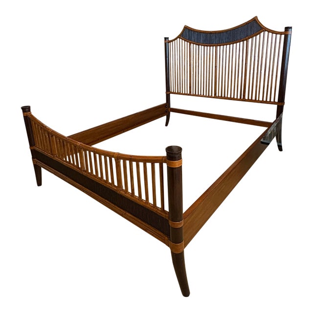 Vintage Bamboo Rattan Pagoda Queen Size Bed Headboard Footboard Frame Set For Sale