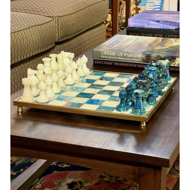 Chinese Stone Chess Set on Brass Framed and Footed Board in Blue and White, 1960s For Sale - Image 15 of 15