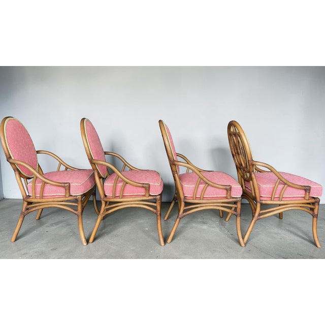 Late 20th Century Vintage Medallion Back Rattan Dining Chairs With Custom Green and Pink Upholstery– Set of 4 For Sale - Image 5 of 12