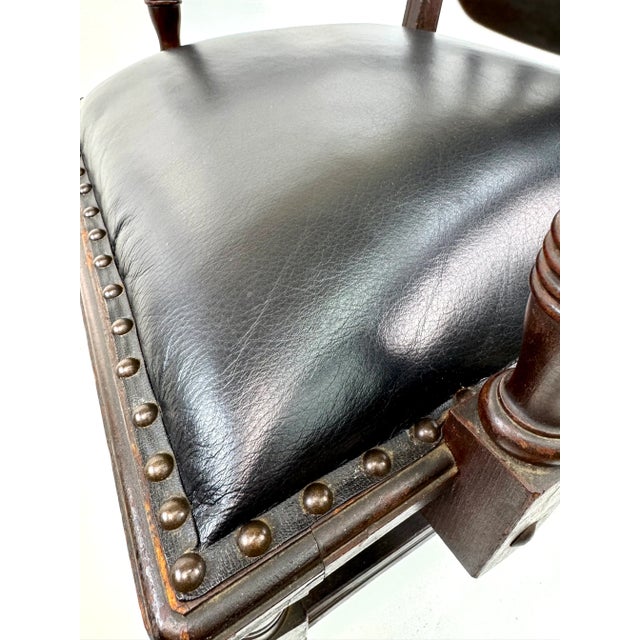 Wood Vintage Black Leather and Wood Library Chair With Nailhead Trim For Sale - Image 7 of 16