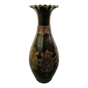 Monumental Art Nouveau Black & Gold Enameled Vase With Floral Etching Design