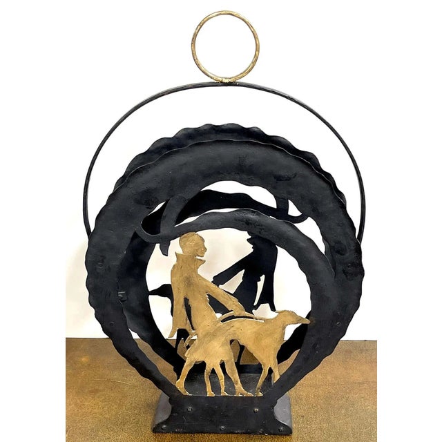 1920s 1920s American Art Deco Gilt Iron Flapper Walking Dog Vignette Magazine Rack For Sale - Image 5 of 13