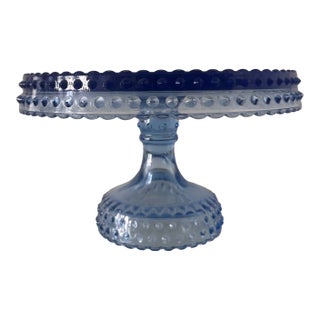 Vintage L E Smith Blue Glass Hobnail Pedestal Cake Stand For Sale