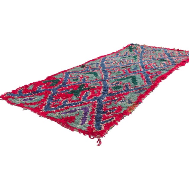 21621 Vintage Boucherouite Moroccan Rag Rug, 02'05 x 05'06. Step into a world of tribal enchantment and boho chic flair...