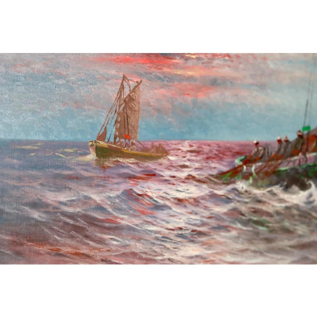 Title: Sailing at Sunset A captivating seascape featuring a sailing boat cutting through choppy waves at sunset. The warm,...