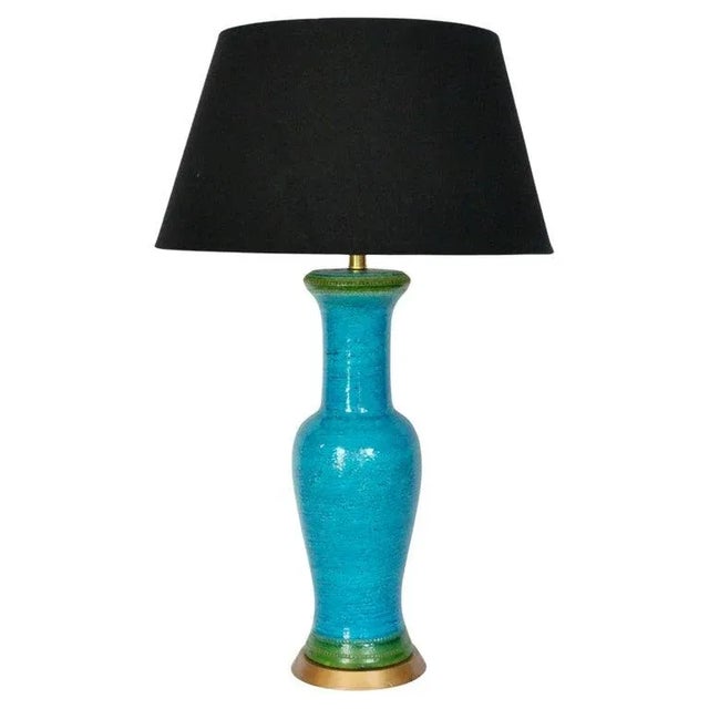 Tall Aldo Londi Bitossi Incised Rimini Blue & Green Stripe glazed Pottery Lamp. Featuring his classic handcrafted...