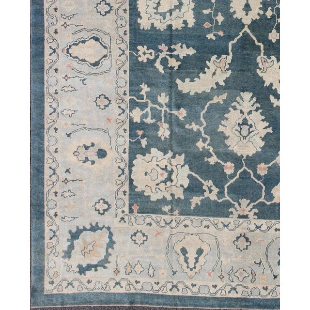Shabby Chic Large Turkish Oushak Rug With Dark Teal Blue Background & Ice Blue Border For Sale - Image 3 of 12