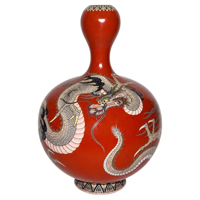 Red Japanese Cloisonne Enamel Red Gourd Shaped Dragon Vase Meiji For Sale - Image 8 of 10
