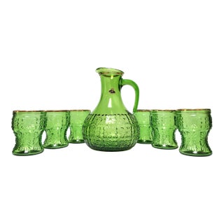 Mid 20th Century Jay Green Glass Pitcher and Glasses Embossed Pattern With Gold Design Italy - Set of 7 For Sale