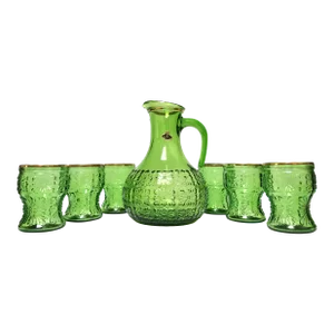Mid 20th Century Jay Green Glass Pitcher and Glasses Embossed Pattern With Gold Design Italy - Set of 7