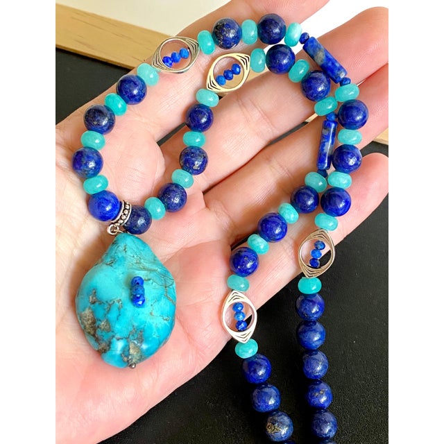 Artisan One-of-a-Kind Gemstone Necklace With Vintage Arizona Turquoise, Lapis Lazuli & Blue Chalcedony For Sale - Image 15 of 18