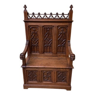 Antique Gothic Bank in Oak, 1880 For Sale