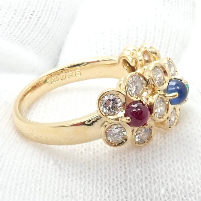 Gold Late 20th Century Rare Christian Dior Yellow Gold Ruby Emerald Sapphire Diamond Flower Ring, Size 5.75 For Sale - Image 8 of 14
