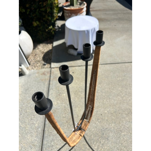 Mid-Century Modern Vintage Arthur Umanoff Wrought Iron & Rattan Floor Candelabra For Sale - Image 3 of 12