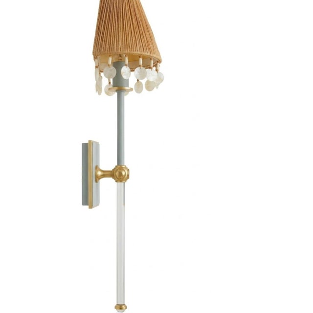 Visual Comfort Visual Comfort Baby Blue Glass Rod Jeweled Custom Raffia Shell Trim Shade Single Light Wall Lamp Sconce For Sale - Image 4 of 9