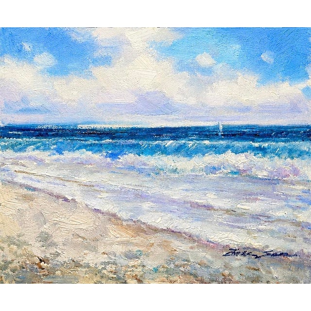 Soft Surf Waves – Original Coastal Oil Painting on Unstretched Canvas by Ericson (8" X 10") For Sale