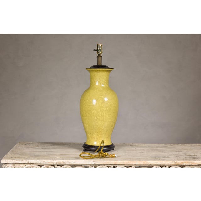 Late 20th Century Yellow Crackle Glazed Ceramic Vase Made into Table Lamp on Wooden Base, US Wired For Sale - Image 10 of 11