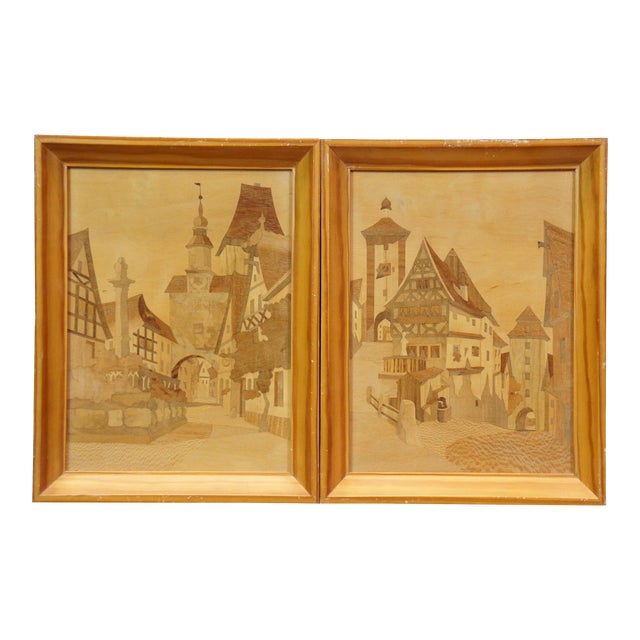2 Schild Intarsia German Wood Inlay Marquetry Cityscapes Street Scenes 11" For Sale