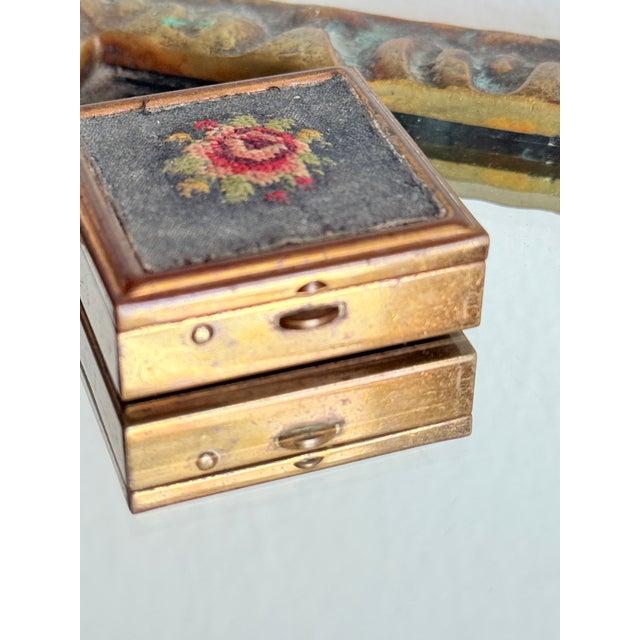 Blue Vintage Mid Century Petit Point Floral Brass Pill Box Viennese Needlepoint Vanity Box For Sale - Image 8 of 12