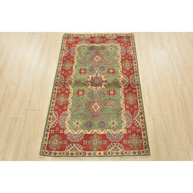 Farmhouse Kazak Rug 3’4” X 5’2” Green Wool Tribal Hand-Knotted Oriental Carpet For Sale - Image 3 of 12
