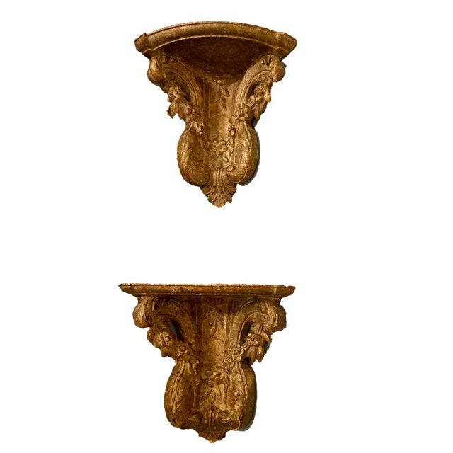 Beautifully Carved Pair of 19th Century Gilt Corner Brackets 12” Wide x 9.5” Deep x 12” High