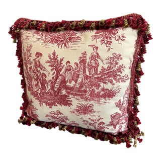 Late 20th Century French Farmhouse Country Toile Pillow With Tassel Fringe For Sale