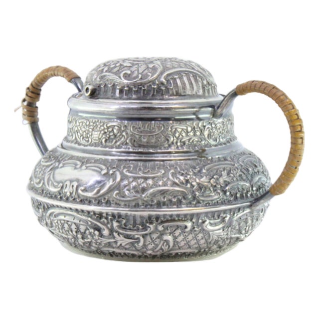 Rounded Silver Sugar Bowl with Reliefs, Monogram Card and Coated Handles For Sale