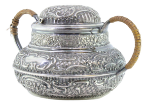 Rounded Silver Sugar Bowl with Reliefs, Monogram Card and Coated Handles