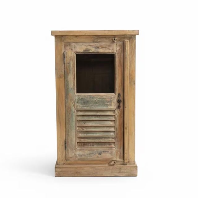Farmhouse 1990s Farmhouse Style Distressed Wood Narrow Cabinet With Glass | 24" Wide Rustic Cabinet For Sale - Image 3 of 9