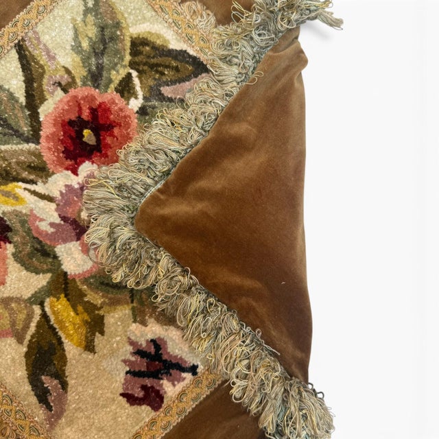1940s Vintage Savonnerie-Style Rug Cushion Cover, Floral, Brown Velvet & Fringe, 18"x18" For Sale - Image 5 of 5