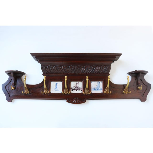 Antique Dutch Renaissance Revival Delft Blue Tiles Brass Coat Rack, 1890 For Sale - Image 6 of 10