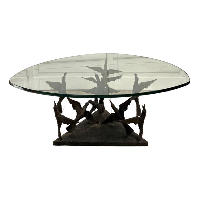 1970s Brutalist Sculptural Birds in Flight Welded Steel & Glass Coffee Table For Sale