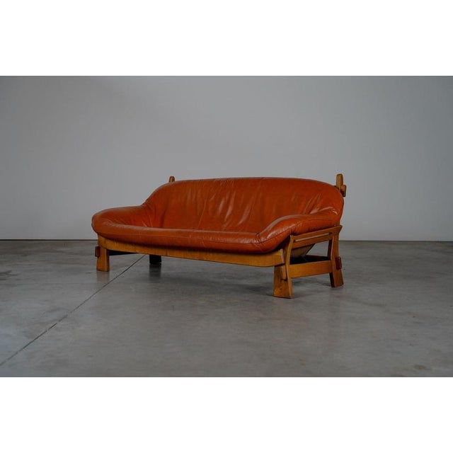 Rustic Oak and Leather 3-Seater Sofa, France, 1970s For Sale - Image 4 of 12