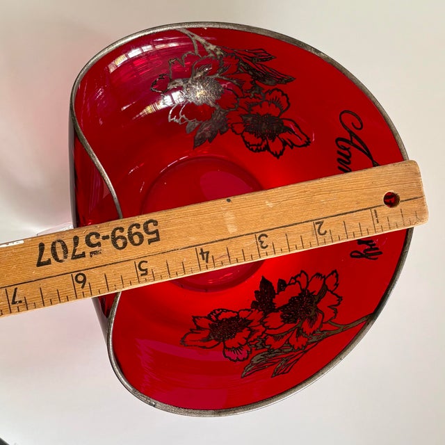 Glass Vintage 40th Anniversary Ruby Red Glass Heart Shaped Bowl With Silver Floral Overlay For Sale - Image 7 of 8