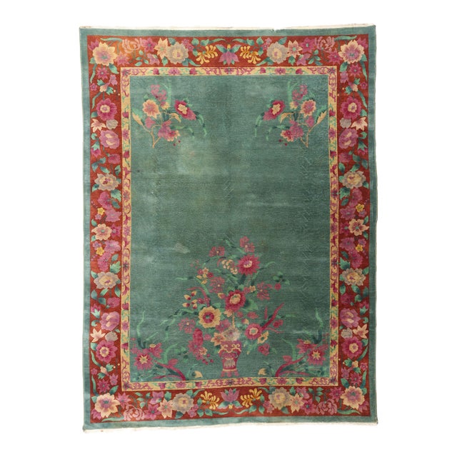 Antique Green Chinese Art Deco Rug, 08'06 X 11'04 For Sale