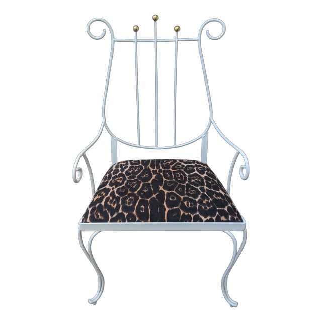Vintage Neoclassical Metal Lyre Arm Chair With Leopard Seat Cushion For Sale