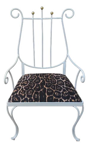 Vintage White Wrought Iron Lyre Arm Chair With Leopard Seat Cushion