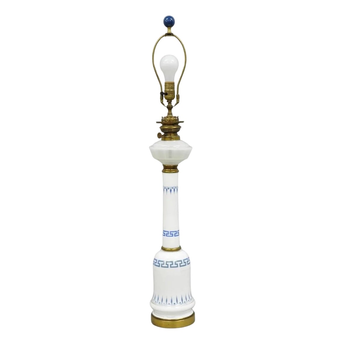 Vintage Italian Neoclassical White Milk Glass Column Blue Greek Key ...