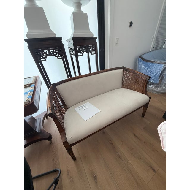Vintage Wood & Cane Upholstered Settee / Loveseat For Sale - Image 4 of 14