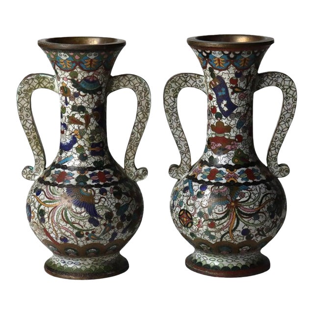 Pair of Antique Chinese Cloisonne Enameled Vases, Signed Circa 1900 For Sale