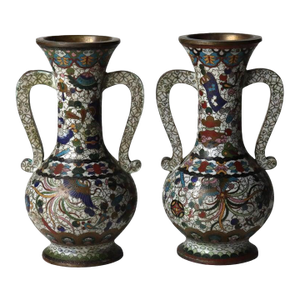 Pair of Antique Chinese Cloisonne Enameled Vases, Signed Circa 1900